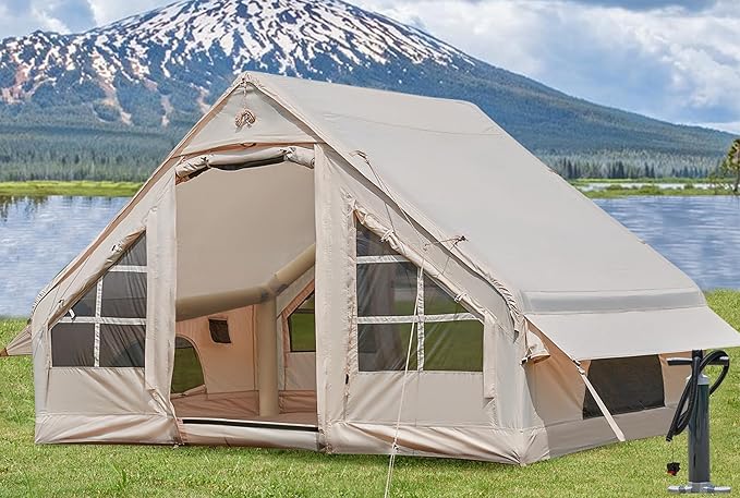 Inflatable Tents for Camping with Stove Jack 2/4/6/8 Person Easy Setup Blow Up Tents for 4 Seasons Waterproof Inflatable Camping Tent with Awning Air House Glamping Tents for Camping Adult