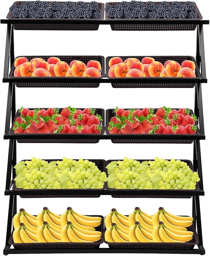 5-Tier Retail Display Rack Market Shelf Snack Rack with Adjustable Feet Supermarket Retail Display Stand with Metal Frame for Home Restaurants and Fruit Stores 47.24x13.78x59.06in