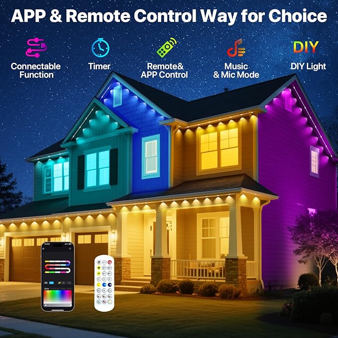Permanent Outdoor Lights 50FT RGB+IC LED Lights with Smart APP &amp Remote Control 72 Scene Modes Waterproof IP65 for Holiday Christmas Yard Decorations(Extension Cord Not Included)