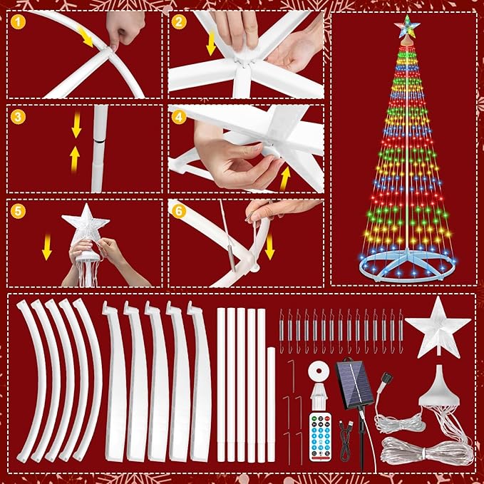 7.5Ft 312 LED Solar Christmas Cone Tree Lights with Star Topper Outdoor Christmas Tree with 11 Modes Timer Remote Dimmable Waterproof for Yard Holiday Christmas Decoration Warm White &amp Multico