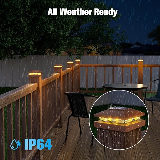 VOLISUN 4x4 Solar Post Cap Light 8packSolar Fence - Post Lights Brown Outdoor Waterproof for Wooden/Vinyl Post with Warm White for Deck
