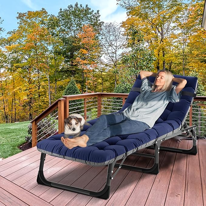 Camping Cot Adjustable 4-Position Adults Reclining Folding Chaise with Pillow Outdoor Portable Lounge Chair Sleeping Cots Bed Perfect for Camping Pool Beach Patio Navy Blue