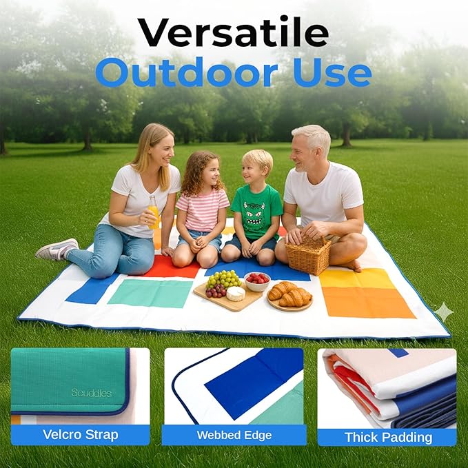 scuddles Extra Large Picnic Blanket – 80 x 80 Waterproof Outdoor Mat with Soft 3-Layer Comfort Foldable Design &amp Carry Strap for Beach Camping Parks Hiking &amp Family Picnics