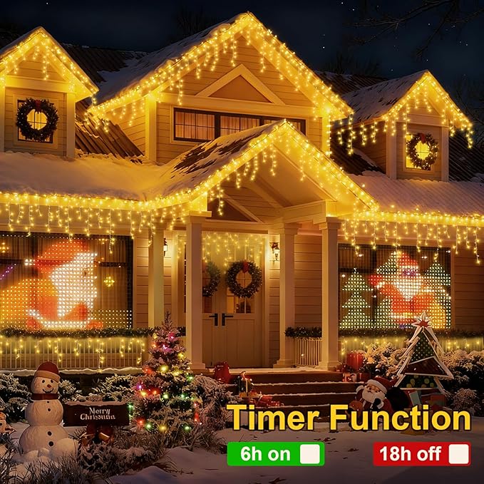 YEGUO 66ft 800 LED Icicle Lights Outdoor 160 Drops Icicle Christmas Light Connectable 8 Modes Warm White Xmas Icicle Lights with Memory Timer