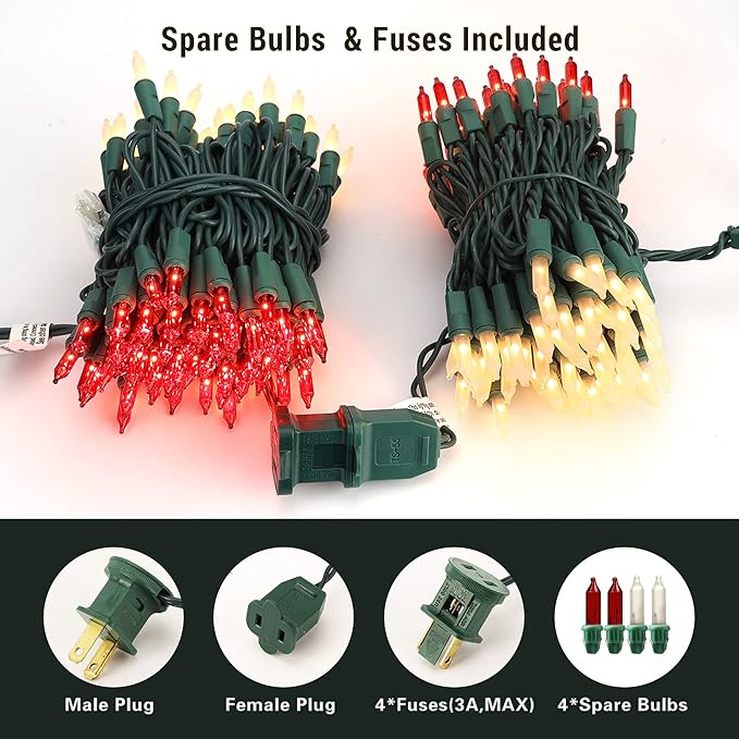 BrizLabs 300 Counts Red &amp White Christmas Lights 69.6ft Mini Lights Connectable UL Certified Incandescent Christmas String Lights Plug-in Indoor Xmas Tree Lights for Outdoor Xmas Home Decor