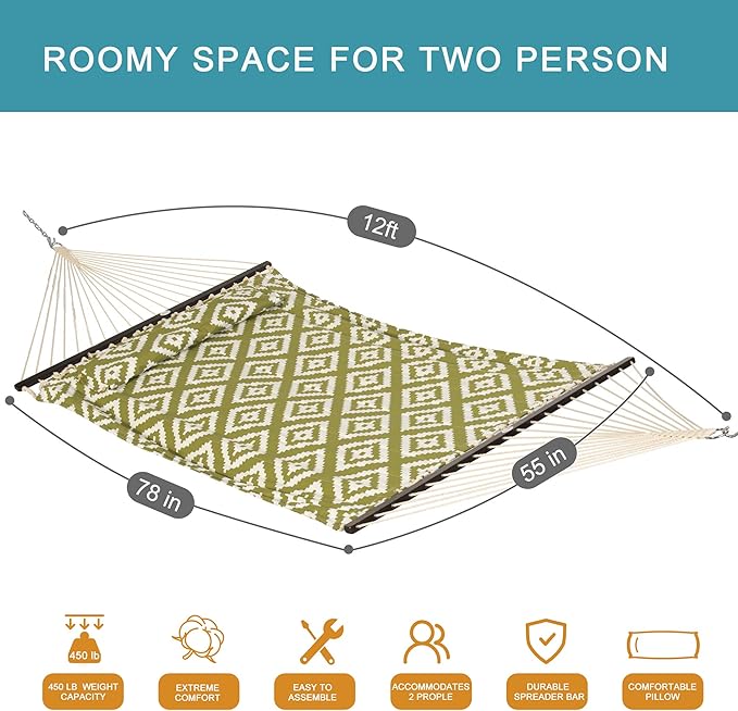 Lazy Daze Hammocks 12FT Quilted Fabric Hammock with Soft Pillow Double 2 Person Tree Hammock with Spreader Bar for Outside Patio Poolside Backyard Beach 450 lbs Capacity Green Geometric