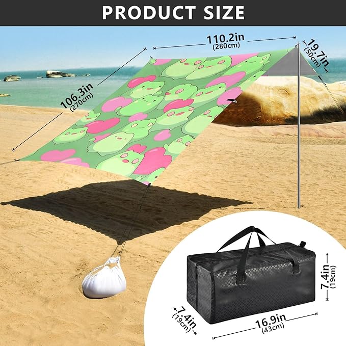 ALAZA Cute Frogs Hearts Beach Tent Sun Shelter UPF50+ Protection Beach Shade Canopy w/ 4 Sandbags for Outdoor Camping Fishing Backyard Fun Picnic 10x9 ft