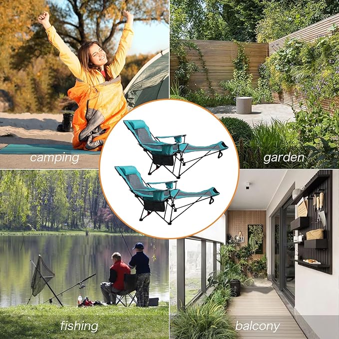 Reclining Camping Chair with Removable Footrest Lounge Chair with Headrest Cotton Cushion Portable Adjustable Folding Chairs