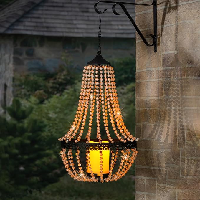 Hanging Candle Chandelier Outdoor Battery Operated Clear Acrylic Beaded Chandelier with Flickering Led Candle Light S Hooks Modern Lantern for Garden Yard Patio Gazebo Room Indoor Decorations 27”H