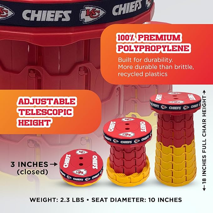 Sporticulture NFL Kansas City Chiefs Telescoping Collapsible Stool Portable Adjustable Height Folding Camping Stool with Carry Strap Retractable Stadium and Tailgate Seat 18Hx10Wx10D