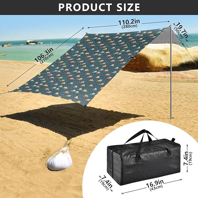 ALAZA Snow Truck Polka Dots Beach Tent Sun Shelter UPF50+ Protection Beach Shade Canopy w/ 4 Sandbags for Outdoor Camping Fishing Backyard Fun Picnic 10x9 ft