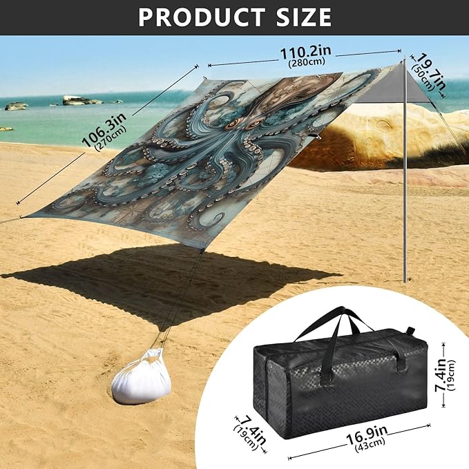 Beach Tent Sun Shelter Octopus Map Lightweight &amp Easy Setup Beach Shade Canopy for Camping Fishing