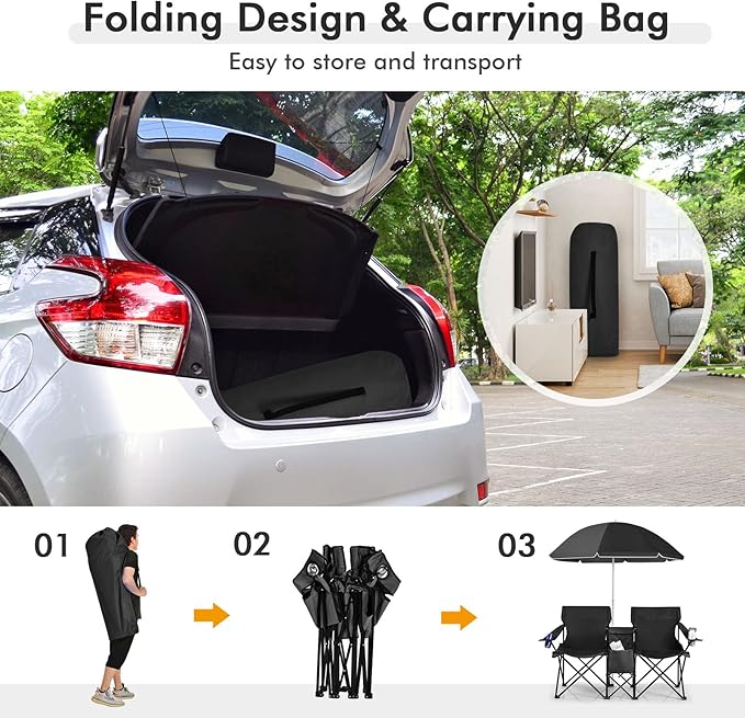 KOTEK Double Camping Chair Folding Camp Chair with Removable Umbrella Cup Holders Cooler Bag Side Pocket &amp Carry Bag 2-Person Beach Chair for Outdoor Sports Concerts Travel Picnic (Black)