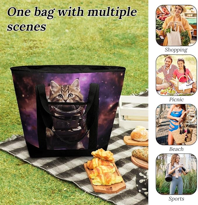Insulated Shopping BagLarge Reusable Cooler Bags A Cat in Outer Space Printed Foldable Shopping BagTravel Waterproof Shoulder Bag