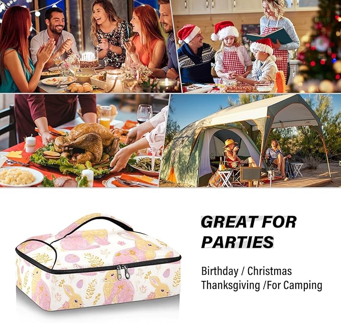 Casserole Carrier Pattern Print Cute RabbitInsulated Casserole Carrier for Hot or Cold Food Thermal Lunch Tote for Potluck Parties Picnic Beach Fits 9 x 13 Inches Baking Dish