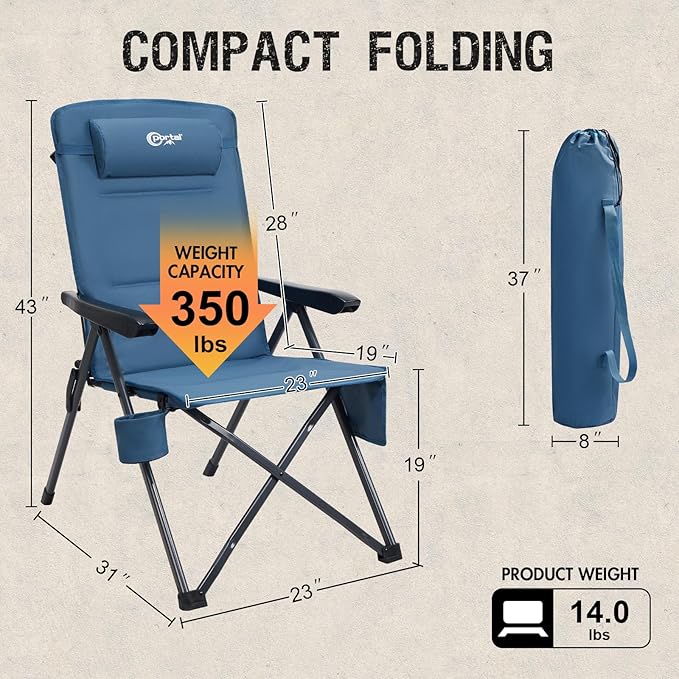 Portal Reclining Camping Chair with Adjustable Back Folding Camp Recliner for Adults Portable High Back Oversized 350LBS (Blue)