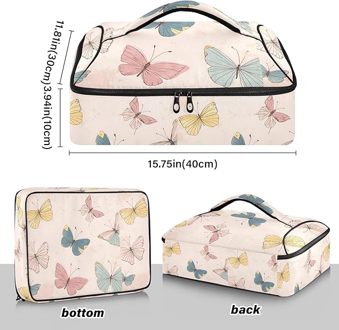 Casserole Carrier Hand-drawn Beautiful Cute ButterflyInsulated Casserole Carrier for Hot or Cold Food Thermal Lunch Tote for Potluck Parties Picnic Beach Fits 9 x 13 Inches Baking Dish
