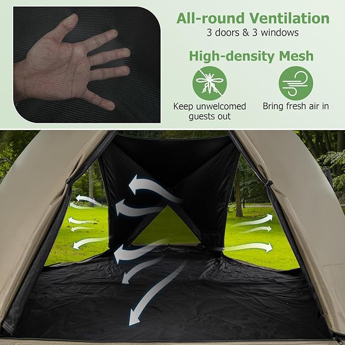 Tangkula 4-6 Person Pop Up Camping Tent with Visible Skylight Portable Backpacking Tent with Removable Rainfly 3 Mesh Walls 3 Zippered Doors Carrying Bag Family Dome Tent for Camping Hiking