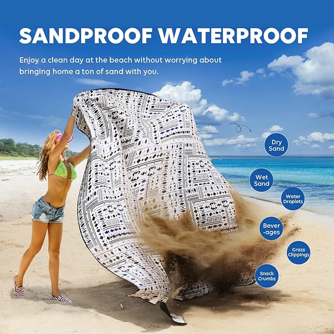 ZAZE Picnic Blankets Beach Blanket with Stakes Thick 3-Layer Waterproof Sandproof 80 * 80 Oversized Mat Foldable Extra Large Big Machine Washable Accessories for Outdoor Camping Park (Black Blue)