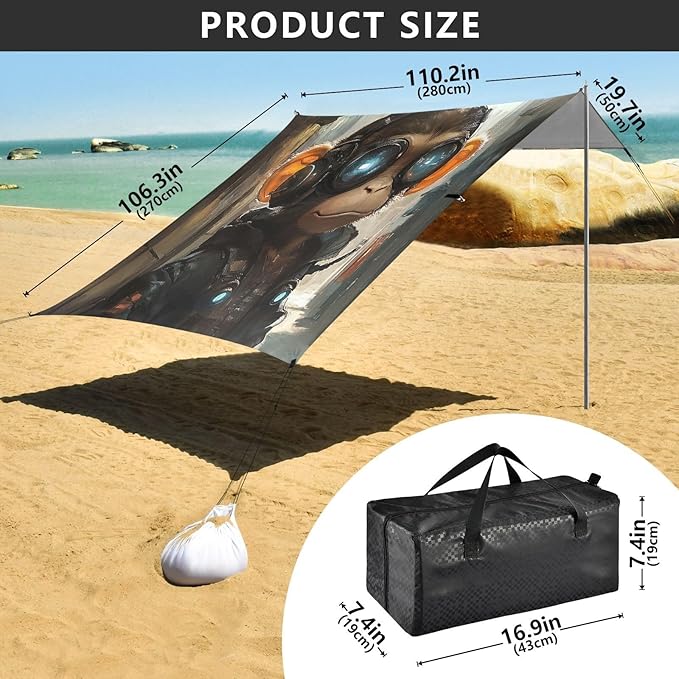 ALAZA Cute Cyberpunk Monkey Beach Tent Sun Shelter UPF50+ Protection Beach Shade Canopy w/ 4 Sandbags for Outdoor Camping Fishing Backyard Fun Picnic 10x9 ft