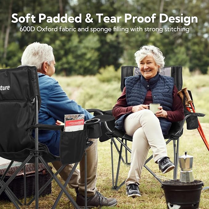 Folding Camping Chairs for Adults Padded Folding Chairs for Outside Heavy Duty with Cup Holders &amp Side Pocket Support up to 500 lbs Black