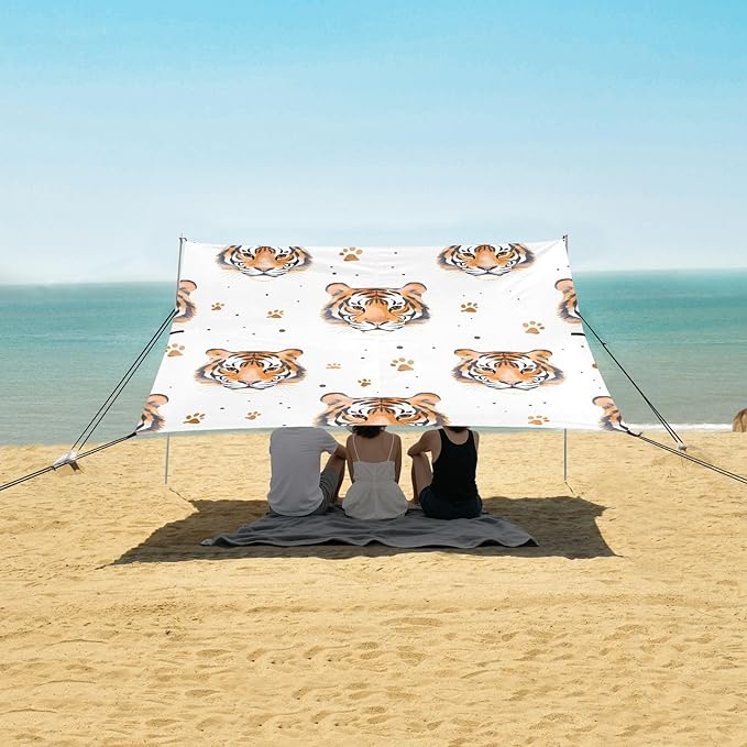 White Background Tiger Faces Paw Prints Pattern Camping Sun Shelter Beach Tent Portable Beach Sun Shade Outdoor Canopy for Camping Trips Fishing Picnic