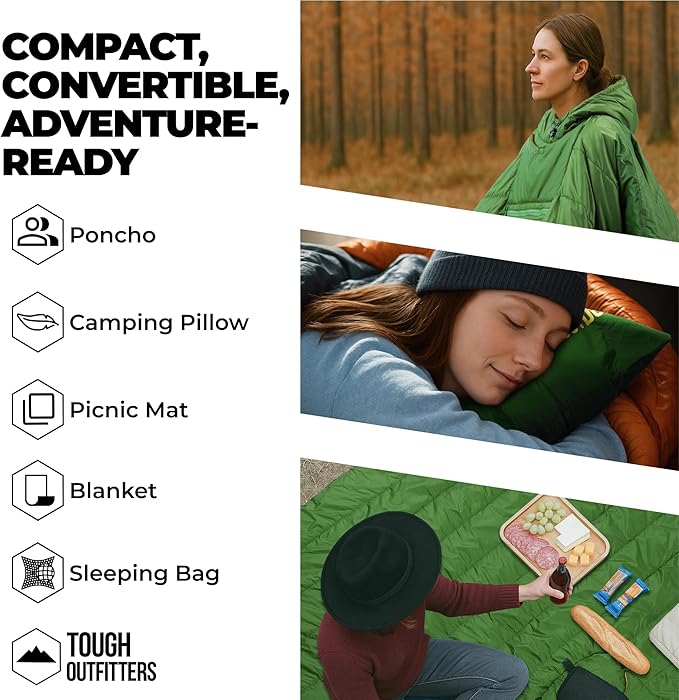 Tough Outdoors 5 in 1 Camping Poncho - Packable Blanket - Wearable Sleeping Bag Adult - Sleeping Bag Poncho - Waterproof