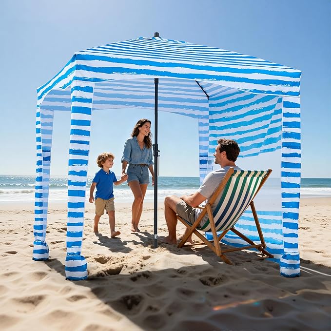 VEVOR Beach Cabana 6 x 6 ft Beach Canopy with Side Wall UPF 50+ Protection Easy Setup Cabana Tent with Sand Pockets Portable Shade Sun Shelter Umbrella for Whole Family &amp Friends Blue Stripes