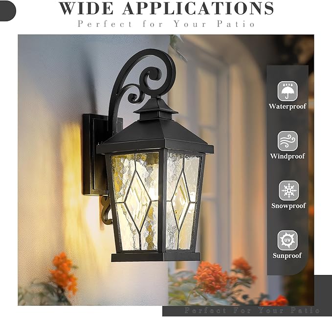Emliviar Outdoor Porch Light 16 Inch Farmhouse Wall Mount Fixture with Water Glass Shade Matte Black Carriage Light for House Yard Garden Patio WE301B-SD BK