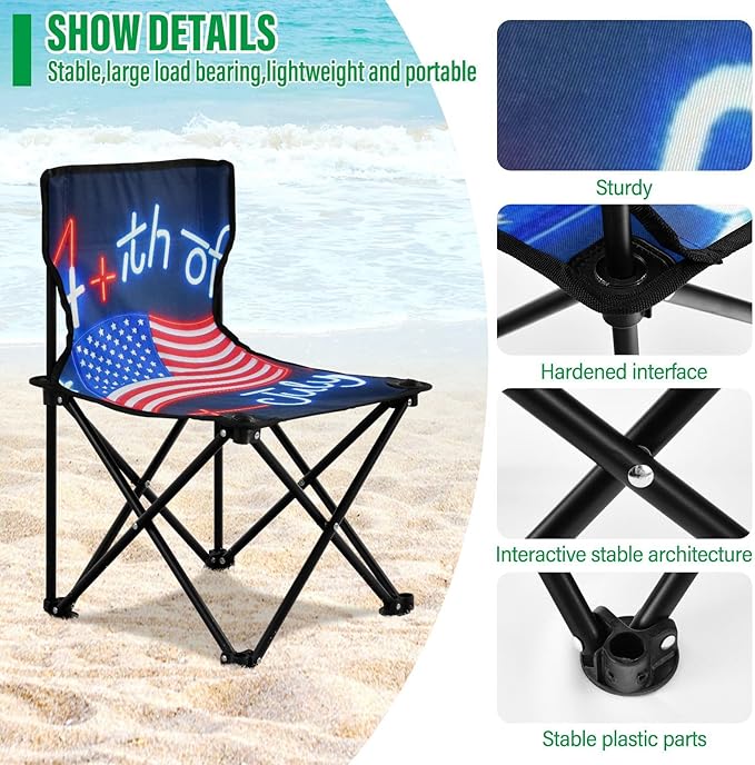 4th of July Independence Day Red American Flag Portable Camping Chairs for Adults Lightweight Compact Folding Chair Carry Bag Included Lawn Chairs for Travel Concert
