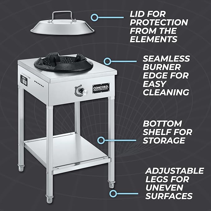 Concord Professional Vortex Burner Stainless Steel Commercial Wok Range Single Burner Outdoor Propane Stove. Great for Stir Fry Outdoor Kitchen Asian Cuisine