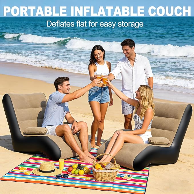 FluSing Inflatable Couch for Camping Blow Up Couch for Adults with Armrest Waterproof Flocked Surface Inflatable Sofa Bed Indoor Portable Inflatable Chairs for Movie Night Air Sofa Outdoor | With
