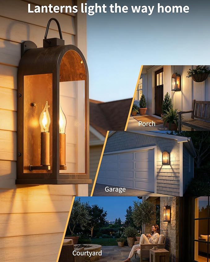 Outdoor Wall Light Fixtures 2-Light Porch Lights Outdoor Matte Bronze Exterior Waterproof Wall Sconce with Glass Shade Outside Lantern for House Garage Doorway Patio Entryway E12 Socket