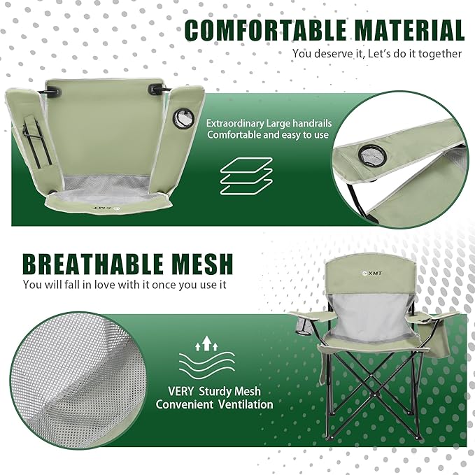 Portable Outdoor Folding Chair with Cup Holder &amp Cooler Bag - Breathable Mesh Wide Armrests Ergonomic Design for Camping Beach Backyard - Includes Storage Bag &amp Bottle Opener (Black/Green/