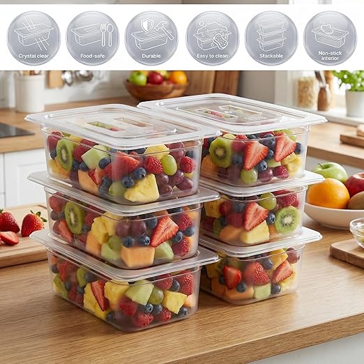 6 Pack Plastic Restaurant Containers with Lids 1/3 Size 4 Inch Deep Commercial Food Storage Containers Stackable Clear Food Pans for Kitchen Restaurant Cafeteria Foods Prep 3.77qt/ 3.57L