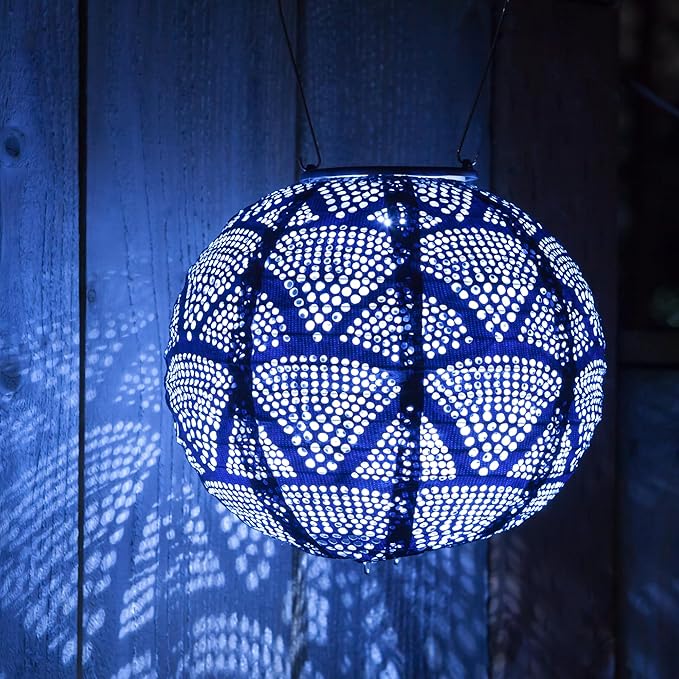 Allsop Soji Stella Globe 8 LED Outdoor Solar Lantern Handmade with Weather-Resistant UV Treated Fabric Stainless Steel Hardware Auto Sensor on/Off for Patio Deck Garden (Metallic Blue)