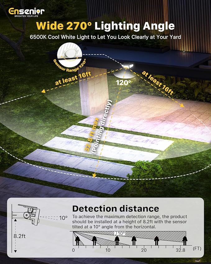 Ensenior Solar Lights Outdoor Motion Sensor 2600LM 220 LED High Brightness 3 Head 270° Wide Angle Flood Lights Remote Control Security Lights 4 Modes IP65 Waterproof Wireless Wall Light 3 Pack