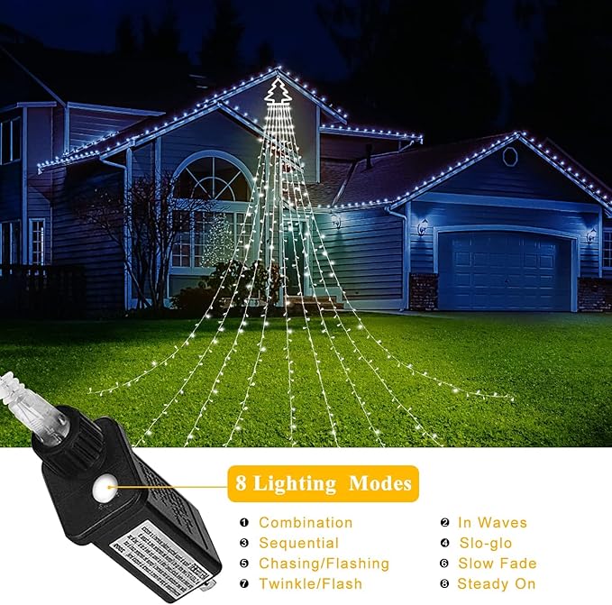 PUHONG Christmas Decoration Outdoor Christmas Tree Lights 320 LED 16.4Ft Outdoor Fairy Topper Lights[8 Modes &amp Waterproof] with 11 Lighted Xmas Tree for Halloween Xmas New Year Holiday(White)