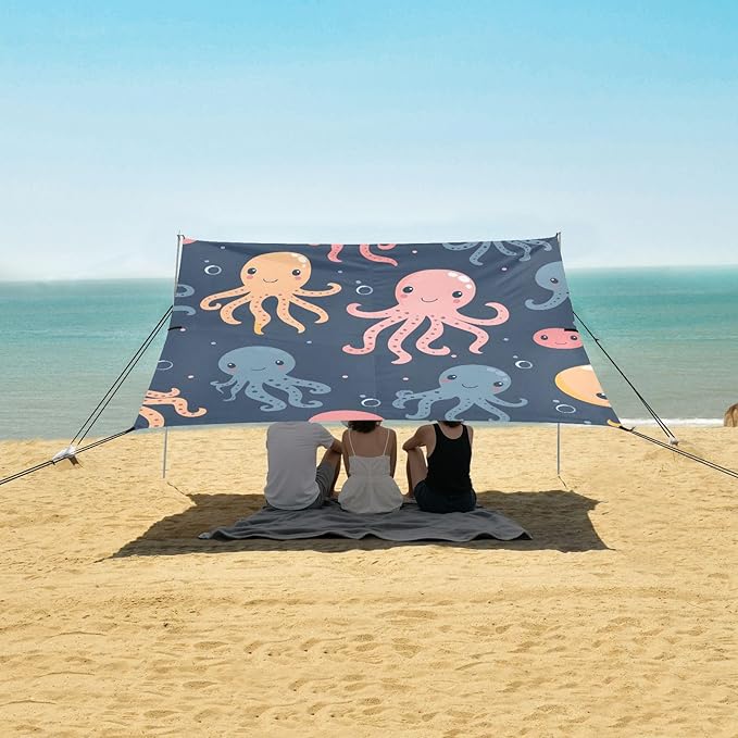 Cute Jellyfish and Octopus Camping Sun Shelter Beach Tent Portable Beach Sun Shade Outdoor Canopy for Camping Trips Fishing Picnic