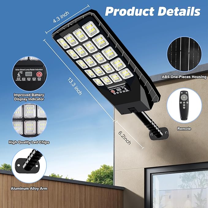 6 Pack Solar Street Lights Outdoor Waterproof 6500K 20000LM Wide Angle Solar Powered Flood Light with Motion Sensor &amp Remote ControlDusk to Dawn Commercial Solar Outdoor Light for Parking Lot