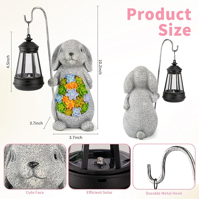 Solar Rabbit Garden Statue with Lantern – Waterproof Resin Outdoor Decor for Yard Lawn Patio Garden – Gift for Easter Christmas Housewarming – Solar Garden Decor