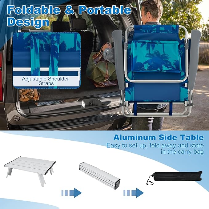 Giantex Folding Beach Chair Patio Sling Chairs with 5 Adjustable Position Head Pillow Storage Bag Towel Bar Cup Holders Backpack Chairs for Sunbathing Camping Chair