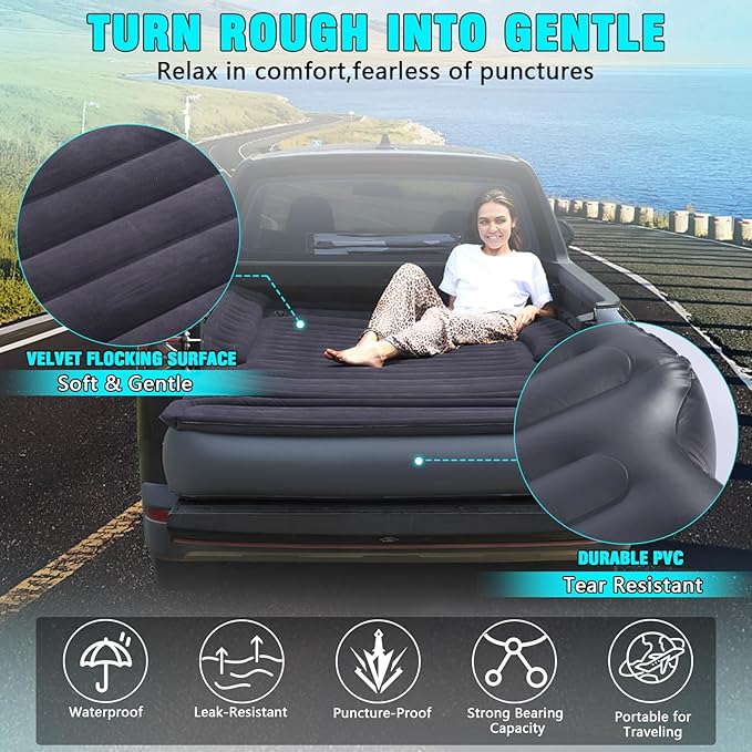 Camping Pickup Truck Bed Air Mattress 5.5-6.5FT Full Size Thickened Self Inflating Outdoor Truck Bed Mattress with Built-in USB Rechargeable Pump and 2 Pillows (84x57x10)