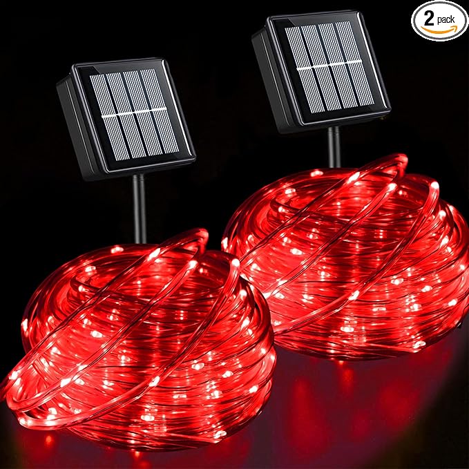 QITONG Red Solar Rope Lights Outdoor 2 Pack Each 33ft 100LED String Light 8 Modes Fairy Lights in Clear Thin Tube with 8 Modes