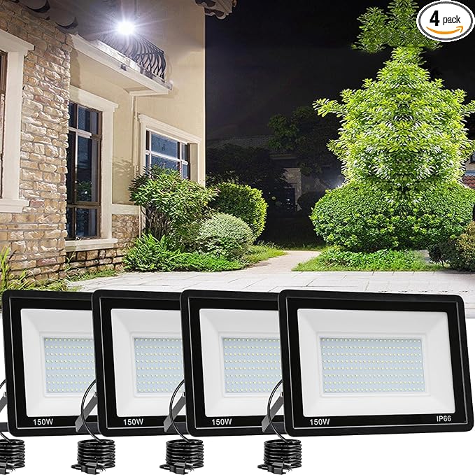 4 Pack 150W LED Flood Light Outdoor15000LM Work Spotlight with US Plug6500K Daylight WhiteIP66 Waterproof Exterior Security Floodlights for YardGardenBackyardPatioStadiumParking Lot