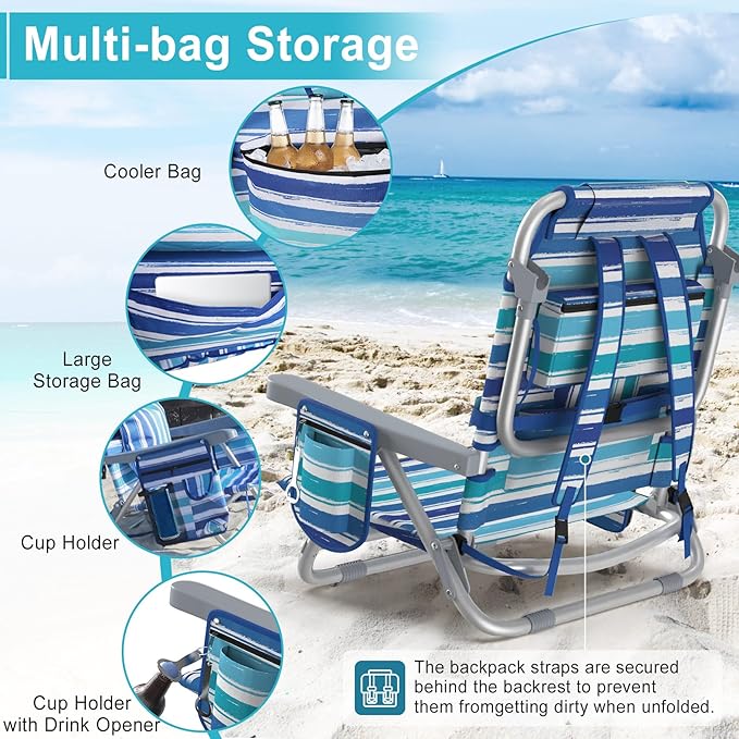 Suteck Beach Chair Adjustable 5-Position Backpack Beach Chairs for Adults Kids Foldable Lay Flat Chair with Cooler Bag Cup Holder and Lumbar Pillow Reclining Lay Down Chairs for Lawn Outdoor
