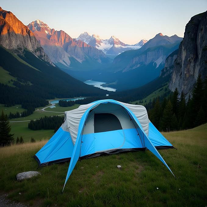 Large Camping Tent Family Tent 8-10 People 216.5x118.1x77.95 inches Waterproof Mesh Roof 2 Bedrooms and 1 Living Room Blue (Blue)