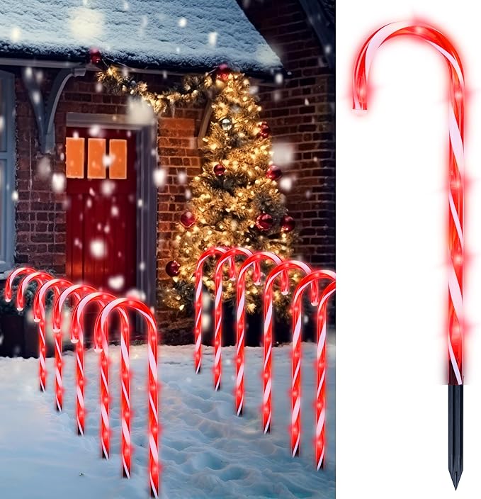 Joiedomi 12 Pcs Christmas Candy Cane Pathway Markers Lights 17” Stakes Lights with Red Waterproof Outdoor Decorations for Holiday Xmas IndoorYard Walkway Lawn Garden Decor