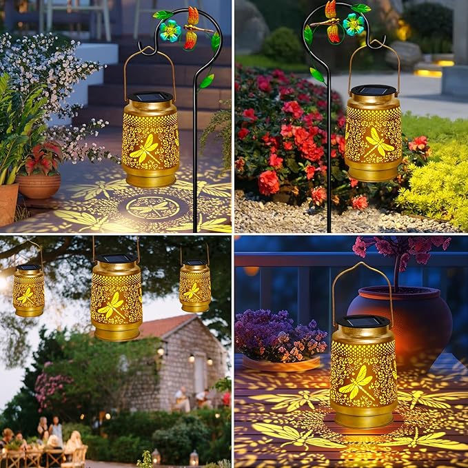 Dragonfly Solar Lanterns with Shepherd Hook Outdoor Waterproof Gifts for WomenMomGrandmaHanging Metal Solar Garden Lights for YardPatioBackyardPorch