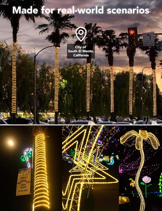 WYZworks 2190LEDs 25ft LED 3/8” Warm White Rope Light w/ 8 Mode Controller Flickering Fading Pulsing Outdoor Waterproof Extendable PVC Tube ETL Certified Holiday Accent Lighting Backyard Patio